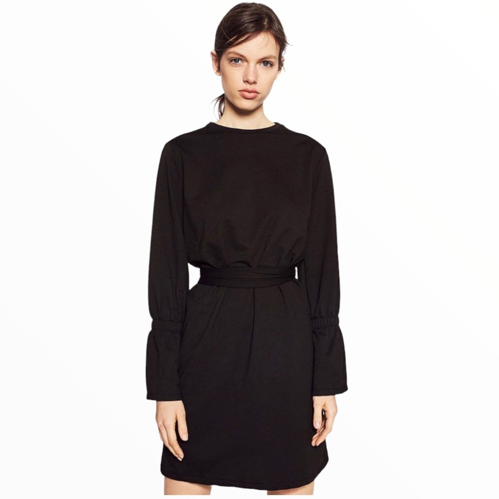 ZARA Trafaluc Corset Dress With Bell Sleeve Detail & Tie Waist Olive Green Small